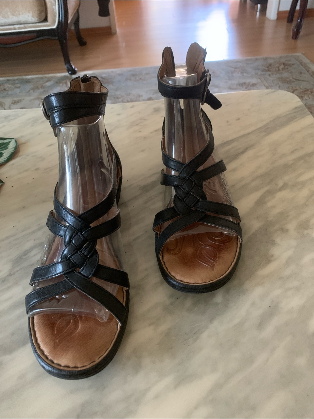 Women's Black Strappy Ankle-Wrap Sandals with zipper on the back